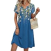 Zeagoo Women's Casual Dresses with Pockets Summer Floral V-Neck A-Line Tshirt Dress Short Sleeve Mini Dress Beach Sundress