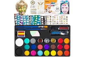 SPXKD Face Painting Kit for Kids 20 Water Based Non-Toxic Sensitive Skin Paints 100 Stencils 3 Glitters 2 Hair Chalks Combs 2 Tattoos Sheets Face Painting Book Safe Professional Face Paint Kit For Kids