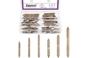 Swpeet 80Pcs 6 Sizes M6 M8 Color Zinc Double Head Ended Screws Assortment Kit, Double Ended Screws, Wood Dowel Screw, Self Tapping Threaded Bolts Hanger Bolts for Woodworking Furniture Connecting