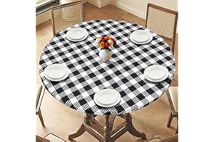 LOMOHOO Round Tablecloth with Elastic Edge Outdoor Waterproof Round Table Cloth, 45-56" Black White Buffalo Plaid Houndstooth
