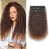 Clip in Hair Extensions, LONAI 20'' 4PC 100% Pure Protein Silk Hairpieces, Lace Weft Curly Hair Extensions Clip ins Invisible, Soft Natural Hairpieces for Women (Almond Brown with Cooper Red)