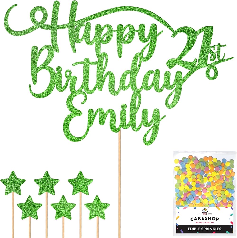 Cakeshop Personalised Happy Birthday Glitter Cake Topper Green