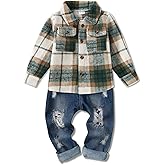 WESIDOM Toddler Boy Clothes Long Sleeve Collar Plaid Shirts Jacket Ribbed Jeans Pants Sets 1-6T Boys Fall Outfits