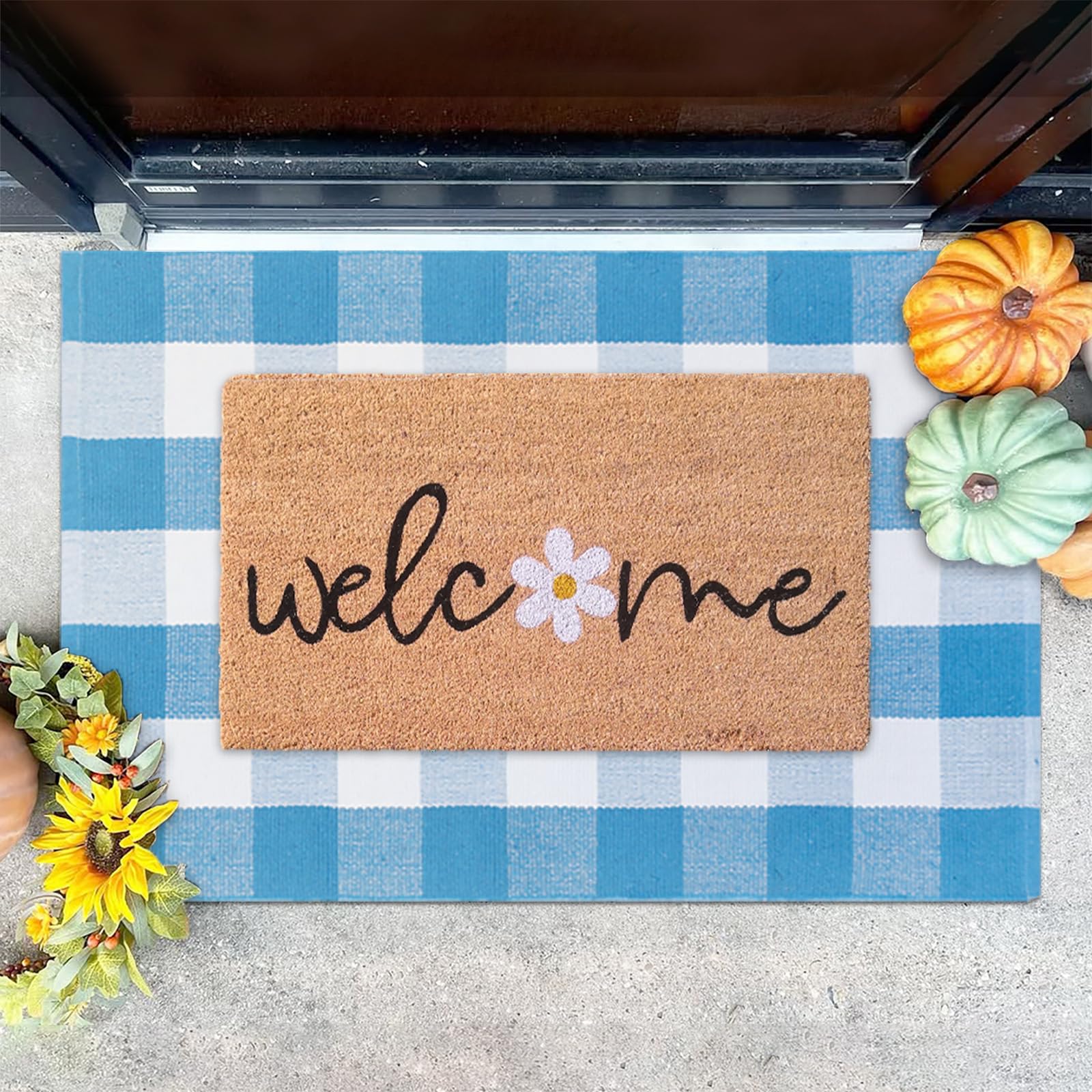 Fallovea Spring Welcome Door Mats Combo Set, 100% Coco Coir Doormat with Welcome & Flower + 28" x 43" Blue and White Plaid Rug, Front Porch Entryway Decor Indoor Outdoor Floor Easter Mats - Image 3