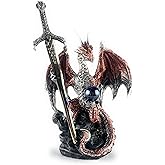 Ain't it Nice Dragon Statue with Medieval Dragon Sword and Crystal Ball Collectible Dragon Figurine Fantasy Medieval Dragon Décor, Red 4(L) 2(W) 7(H) inches