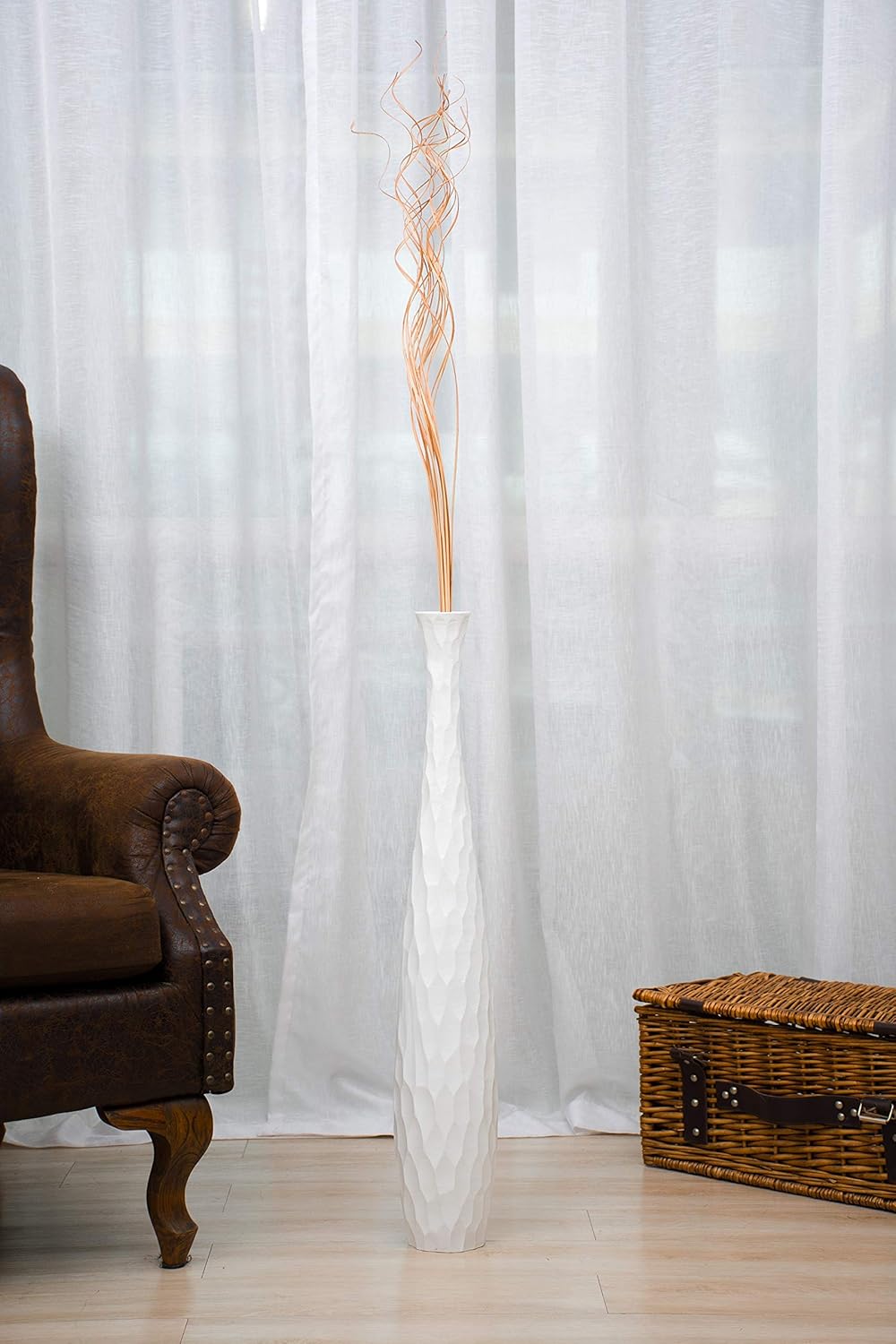 Leewadee Tall Big Floor Standing Vase for Home Decor 30 inches, Mango Wood, White: Kitchen & Dining