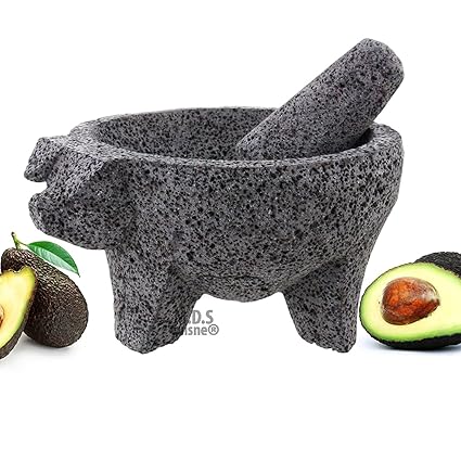 M.D.S Cuisine Cookwares Molcajete 8" Pig Head Black Lava Stone Mortar Pestle Bowl Tool Preseasoned