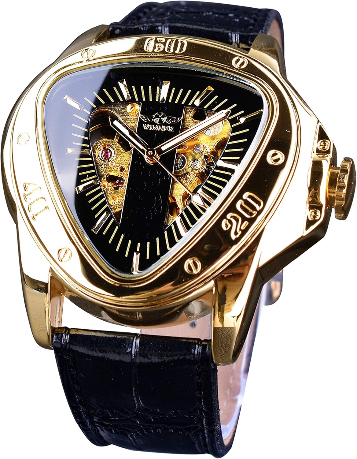 Winner Fashion Mechanical Wrist Watch Triangle Racing Dial Golden Skeleton Dial