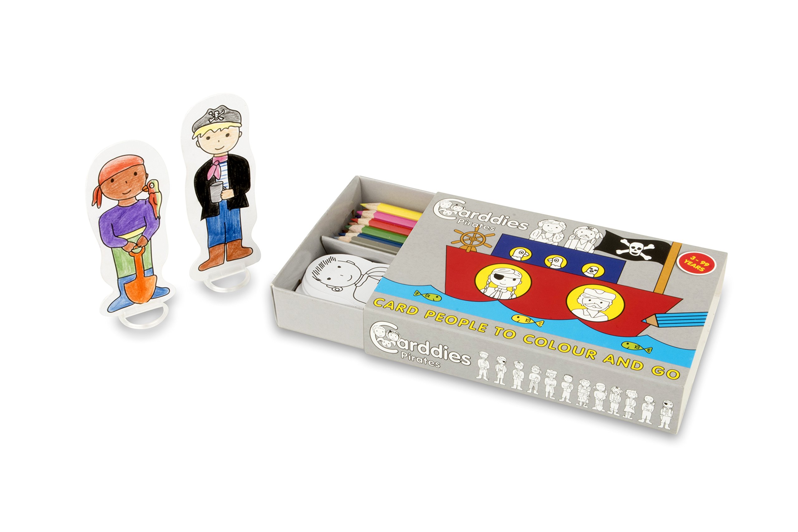CARDDIES PIRATES CARD PEOPLE Colour and Play set: Portable Art Kit with Sturdy Card Boy and Girl Pirates and Pirate Ship Playscene with Canons, Skull and Crossbones Flag, Pirate Treasure Chest
