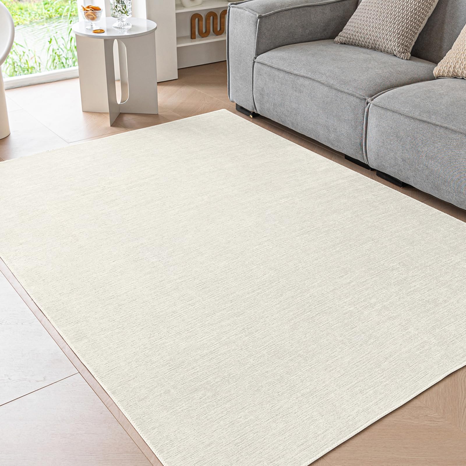 Ceneco Low Pile Rug,Chenille Short Pile Rug Living Room,Non Slip Rugs,Area Rugs for Bedroom,Soft Thin Carpet for Kids Room,Office,Lounge Carpet (Cream, 80×120cm)