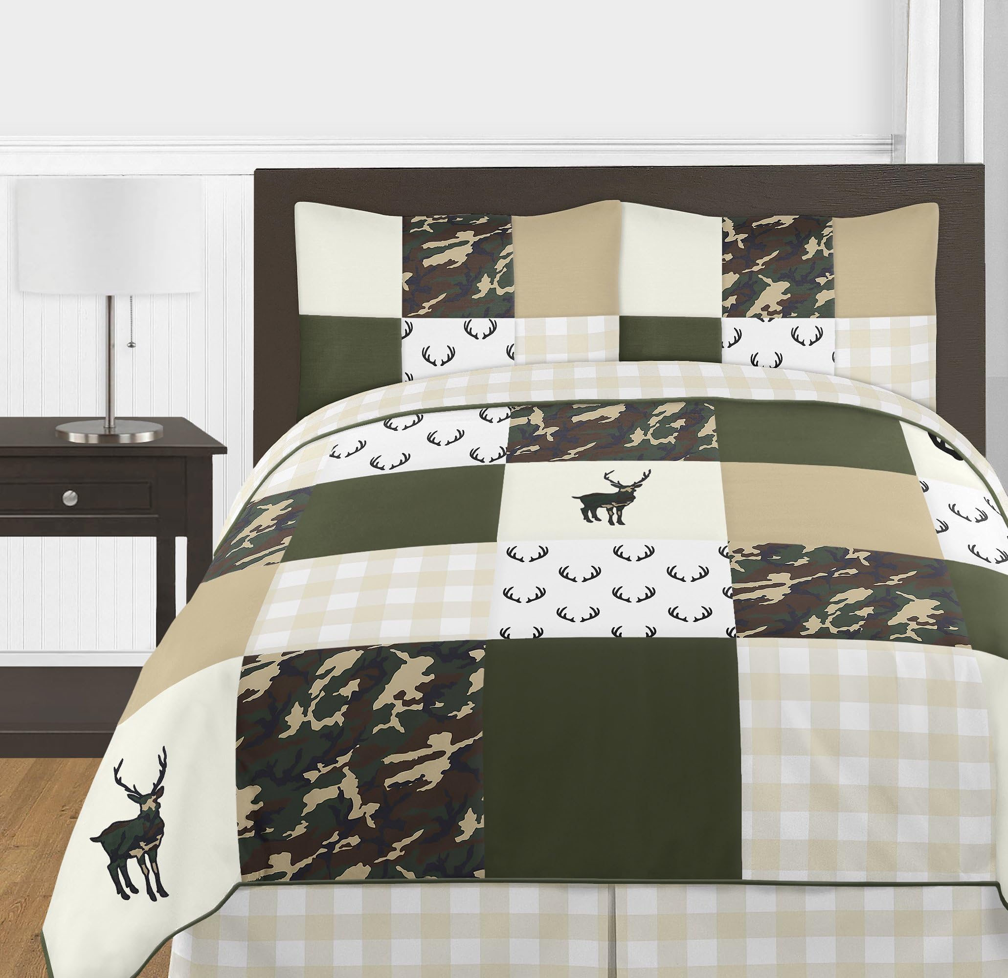 Sweet Jojo DesignsGreen and Beige Deer Buffalo Plaid Check Woodland Camo Boy Full/Queen Teen Childrens Bedding Comforter Set - 3 Pieces - Rustic Camouflage
