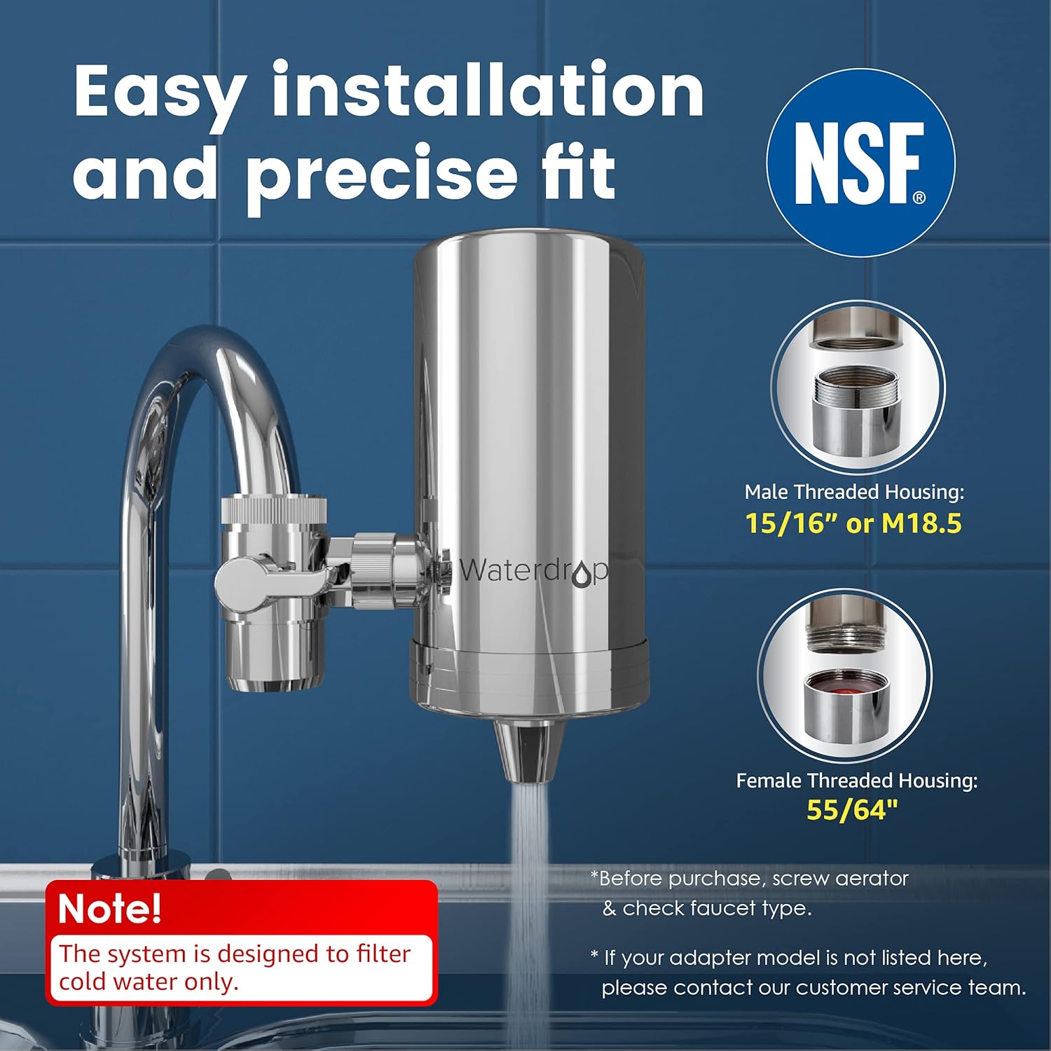 Waterdrop WD-FC-06 NSF Certified Stainless-Steel Faucet Water Filter, Carbon Block Water Filtration System, Tap Water Filter, Reduces Chlorine, Heavy Metals and Bad Taste (1 Filter Included): Kitchen & Dining
