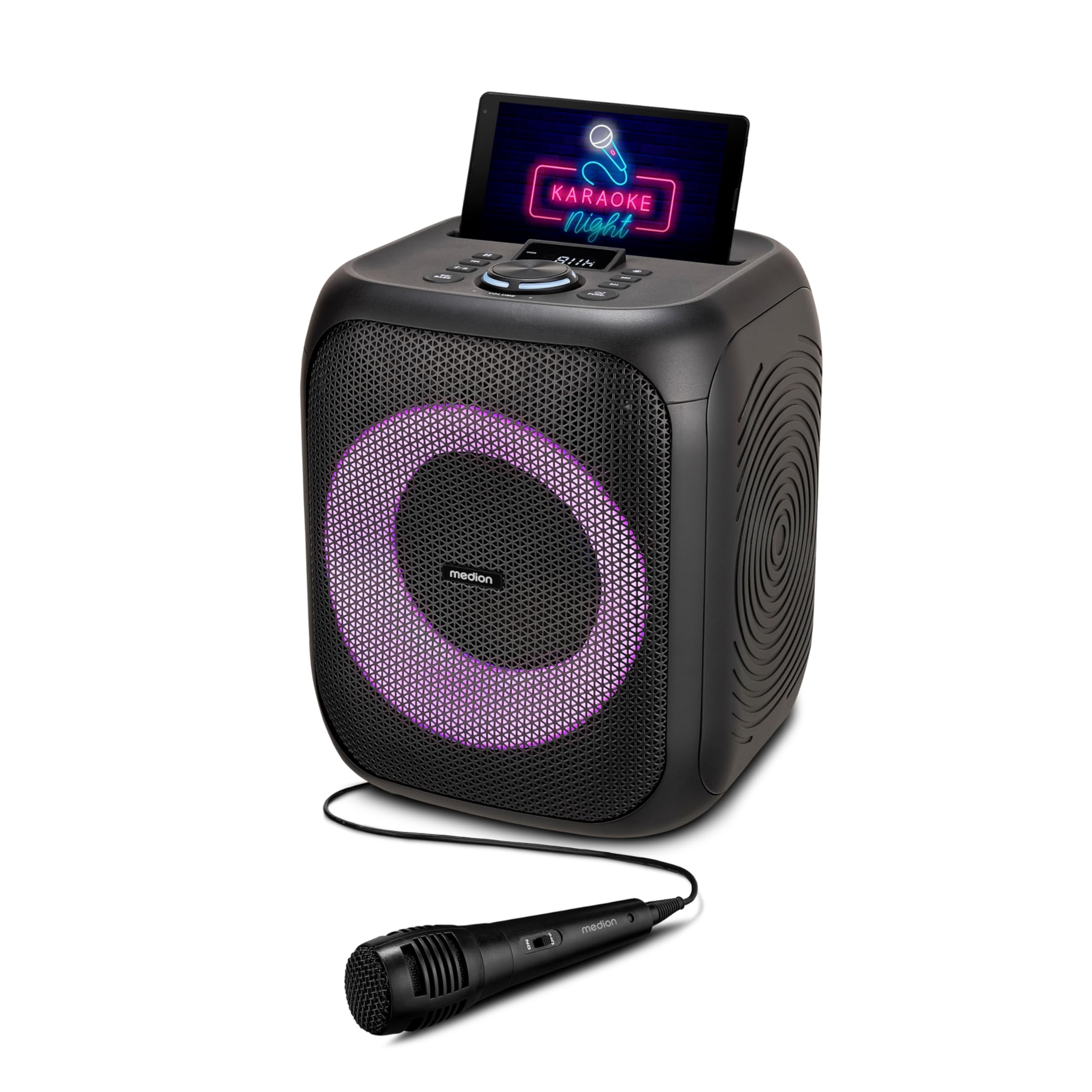 MEDION S61991 Partylautsprecher mit Bluetooth (Partysoundsystem inklusive Mikrofon, Party Box, tragbares Soundsystem, integrierter Akku, für drinnen und draußen, Lichteffekte, TWS)