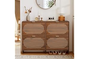 RUSTYER Narrow Shoe Storage Cabinet for Entryway with 4 Flip Drawers, Curved Edge Shoe Cabinet with Arched Stripe Panel, Freestanding Wood Shoe Organizer Closed Shoe Rack for Hallway, Foyer (Walnut)