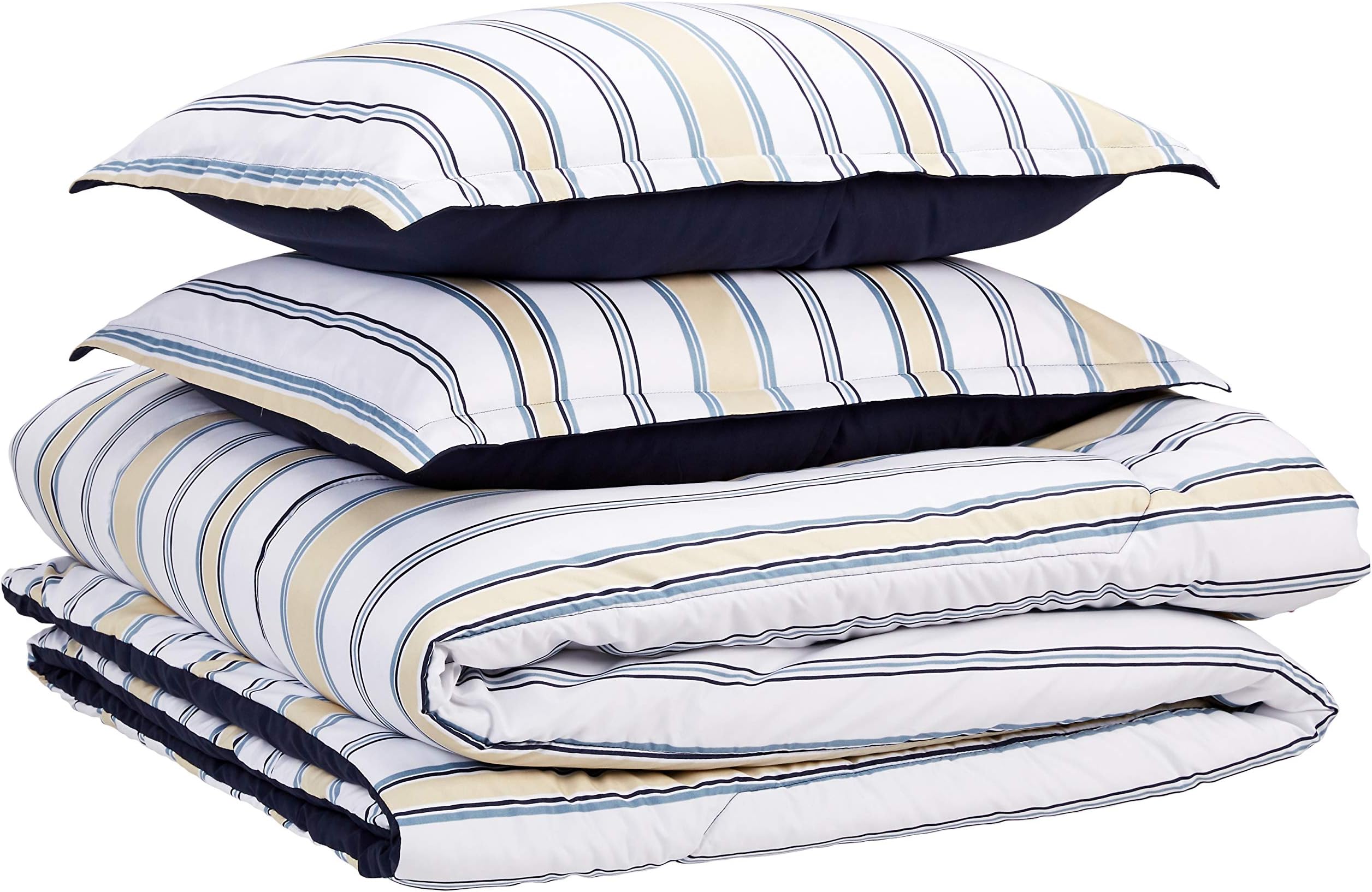 Amazon Basics Reversible Comforter Set, Full / Queen, Blue and Tan Stripes, Microfiber, Ultra-Soft