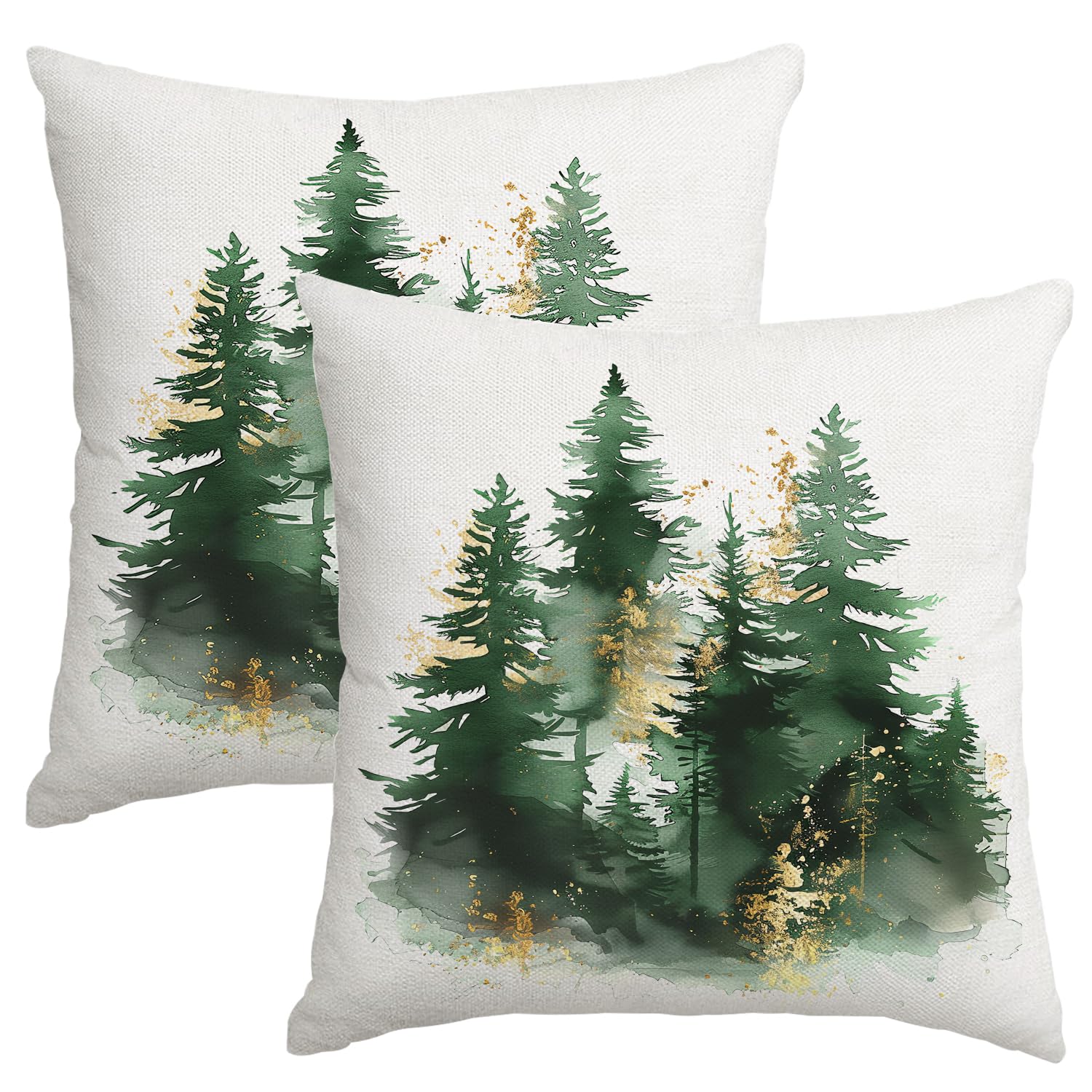 Miaikoe Christmas Cushion Covers 50x50 cm Set of 2 Green Gold Christmas Tree Rustic Decorative Throw Pillows Covers Winter Holiday Decor for Couch Sofa