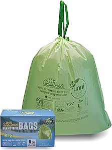 UNNI 100% Compostable Drawstring Trash Bags, 6-8 Gallon, 23-30 Liter, 45 Count, Heavy Duty 1 Mils, Medium Home Garbage Liners, US BPI and Europe OK Compost Certified, Earth Friendly Highest ASTM D6400