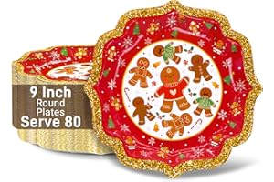 BFUN Christmas plates disposable dinnerware 80 count Xmas paper dinner plates 9” Gingerbread dinner Decorative tableware Christmas Holiday Plates For Christmas Party Supplies ,Serve 80 Xmas party plates.