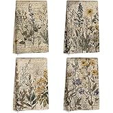 4 Pcs Vintage Floral Kitchen Towels, Botanical Decorative Absorbent Microfiber Dish Cloth Tea Towel, Waffle Soft Hand Towels for Kitchen Home Bathroom Farmhouse Decor, Housewarming Gifts for Women