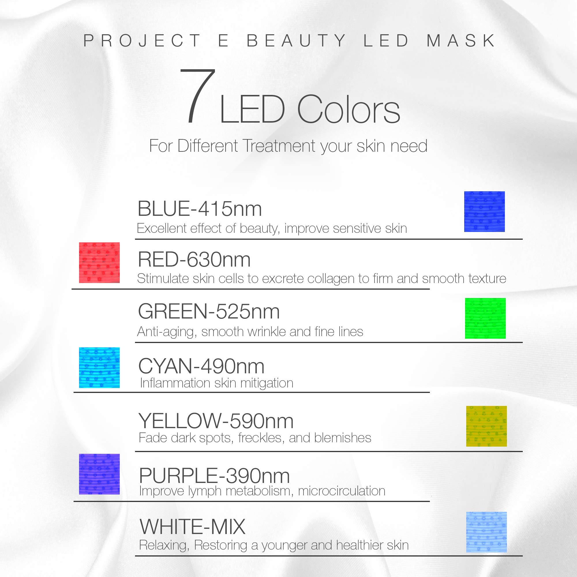 Project E Beauty LED Face Mask Light Therapy | 7 Color Skin Rejuvenation Therapy LED Photon Mask Light Facial Skin Care Anti Aging Skin Tightening Wrinkles Toning Mask