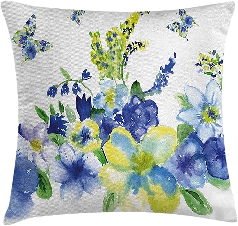 Amazon Co Jp 黄色と青のスロー枕クッションカバー 春の花水彩活気に満ちた花のデザイン 装飾的な正方形のアクセントの枕ケース 16 16 ロイヤルブルー Home Kitchen