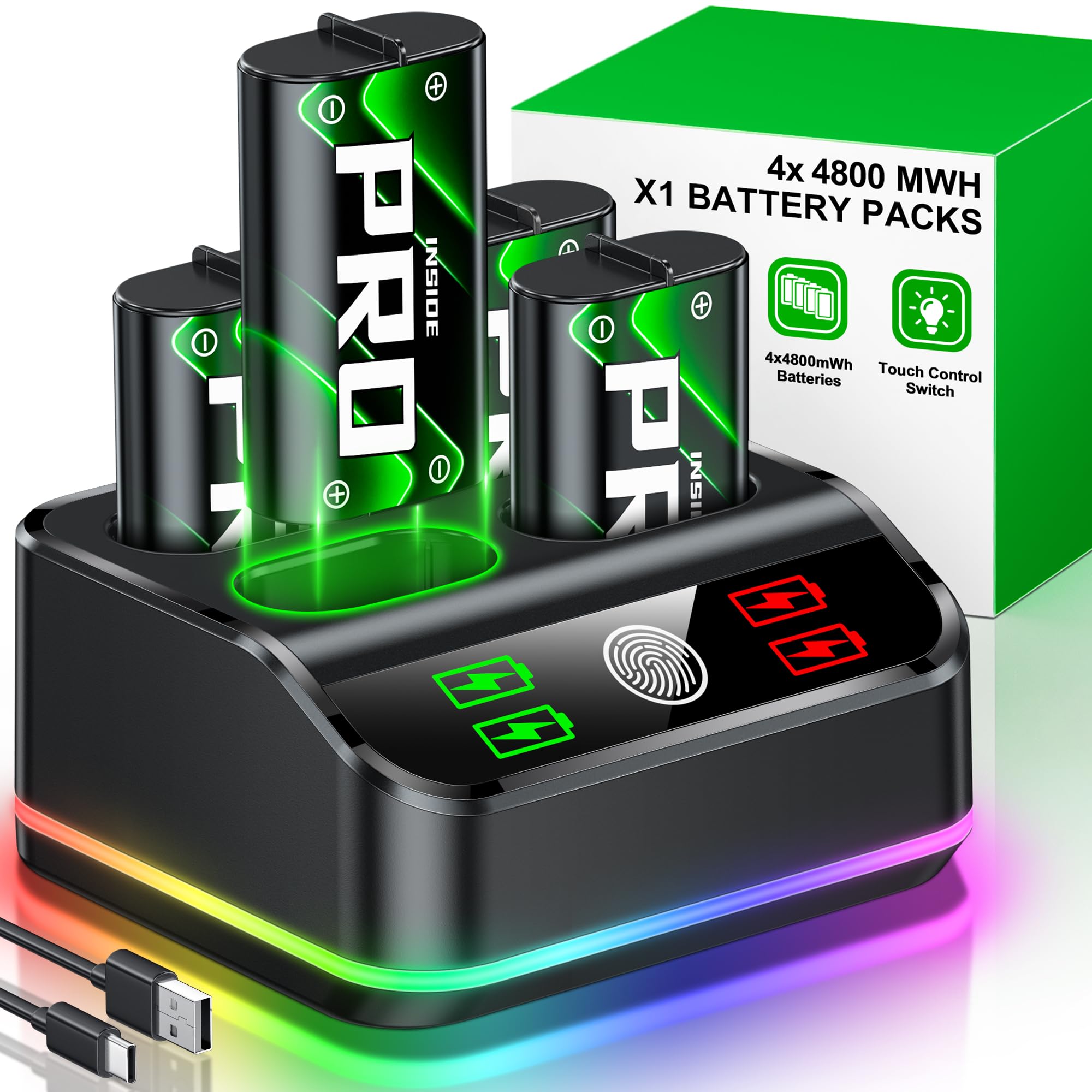 HELLCOOL 4x4800mWh Rechargeable Battery Pack for Xbox Series X|S, One, Elite, S|X Controller with USB-C Charging Dock and Cable