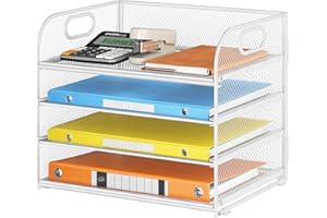 Lavatino Paper Organizer for Desk, 4-Tier Desk Organizer Tray, Mesh Desktop File Organizers with Handle, Office Classroom Organization and Storage-White