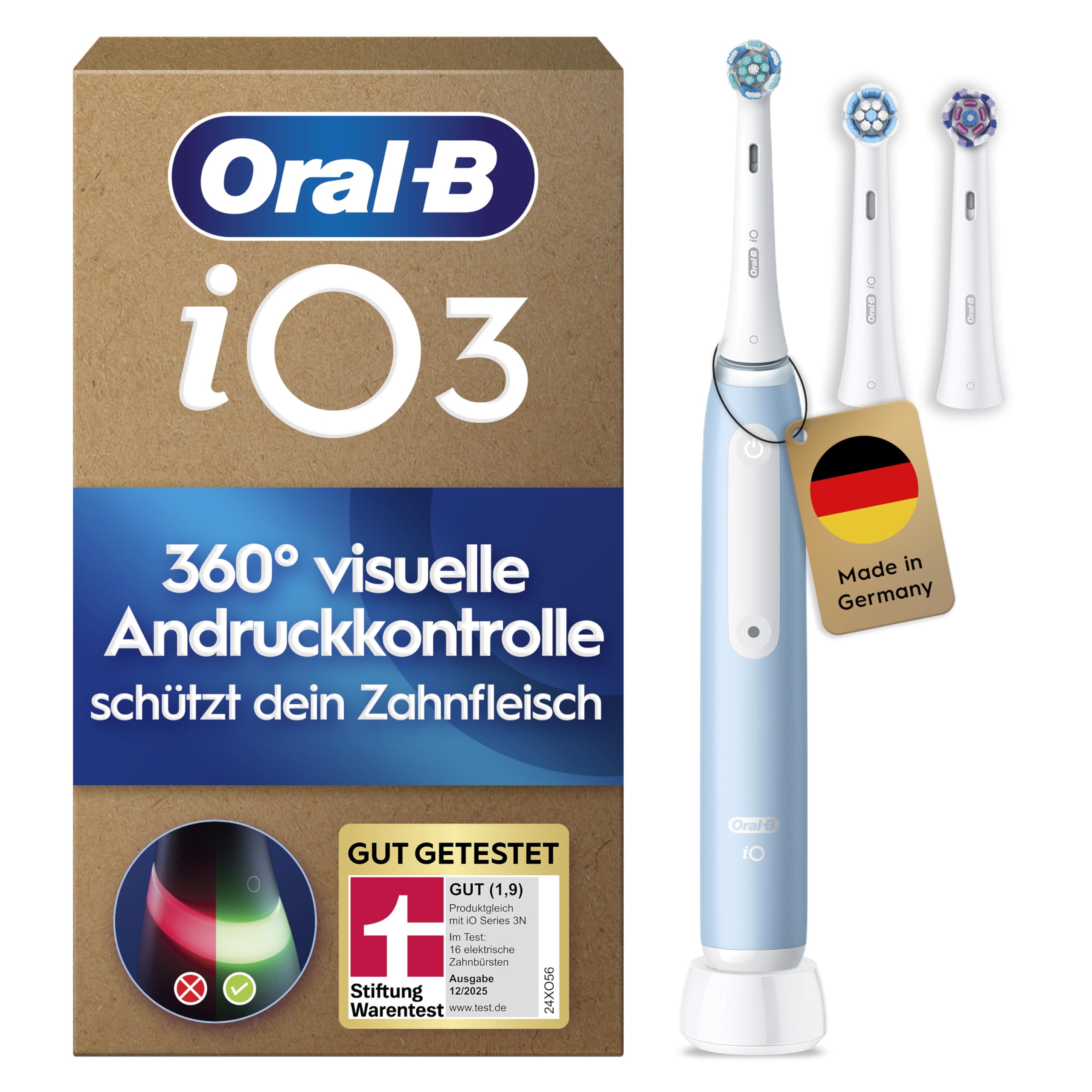 Oral-B iO Series 3 Plus Edition Elektrische Zahnbürste — Electric Toothbrush, Inkl. 3 Aufsteckbürsten, 3 Putzmodi für Zahnpflege — Designed by Braun, GUT GETESTET von STIFTUNG WARENTEST, Hellblau