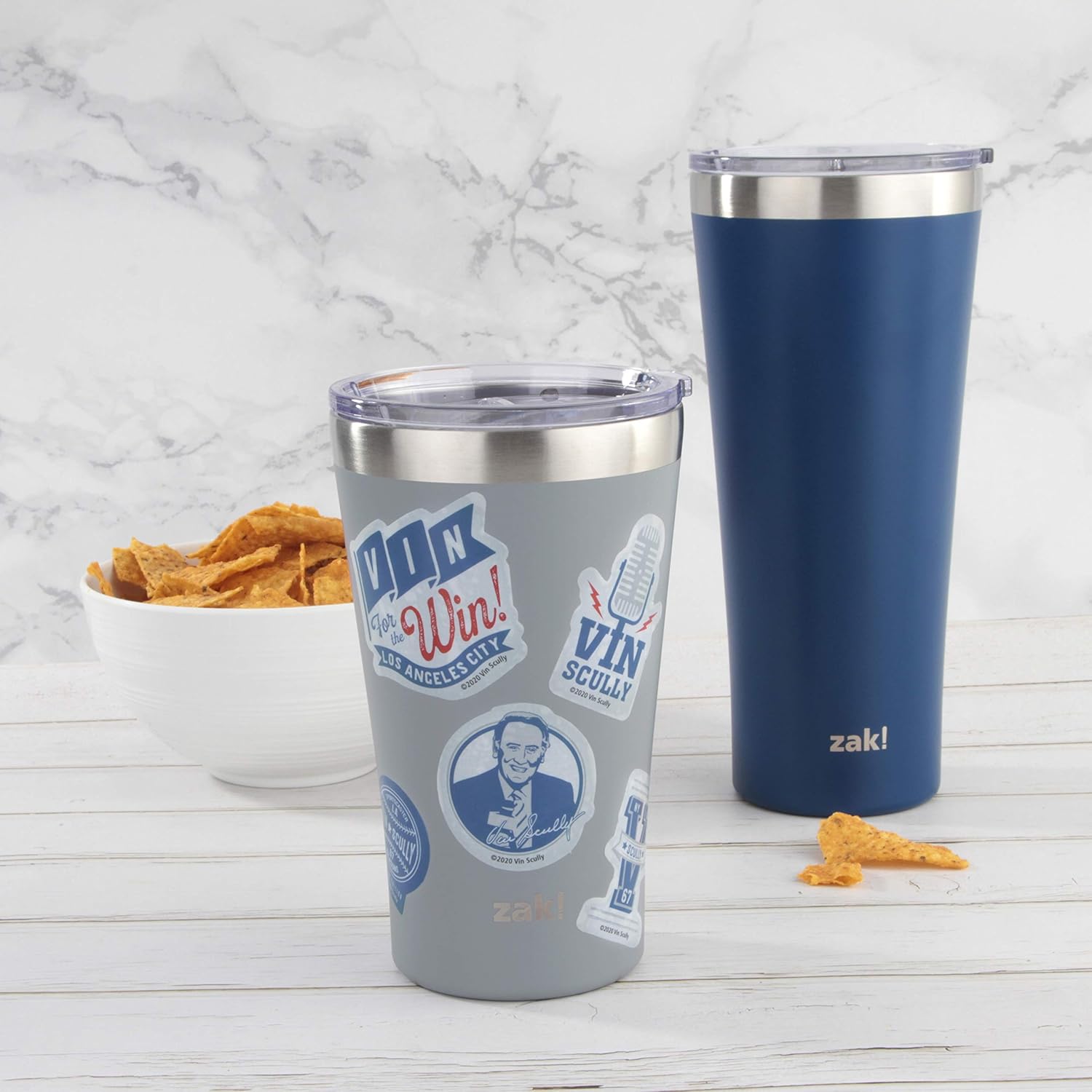  | Zak Designs 18/8 Vacuum Insulated Stainless Steel Travel Press-In Lid and Splash-Proof, Includes Vin Scully Vinyl Personalized Design, Non BPA, 20oz Sticker Tumbler: Tumblers & Water Glasses