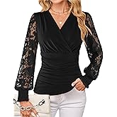 GRACE KARIN Womens Tops Dressy Casual, Elegant Lace Sleeve Shirts Wrap Ruched Blouses, 2026 Spring Fashion Outfits