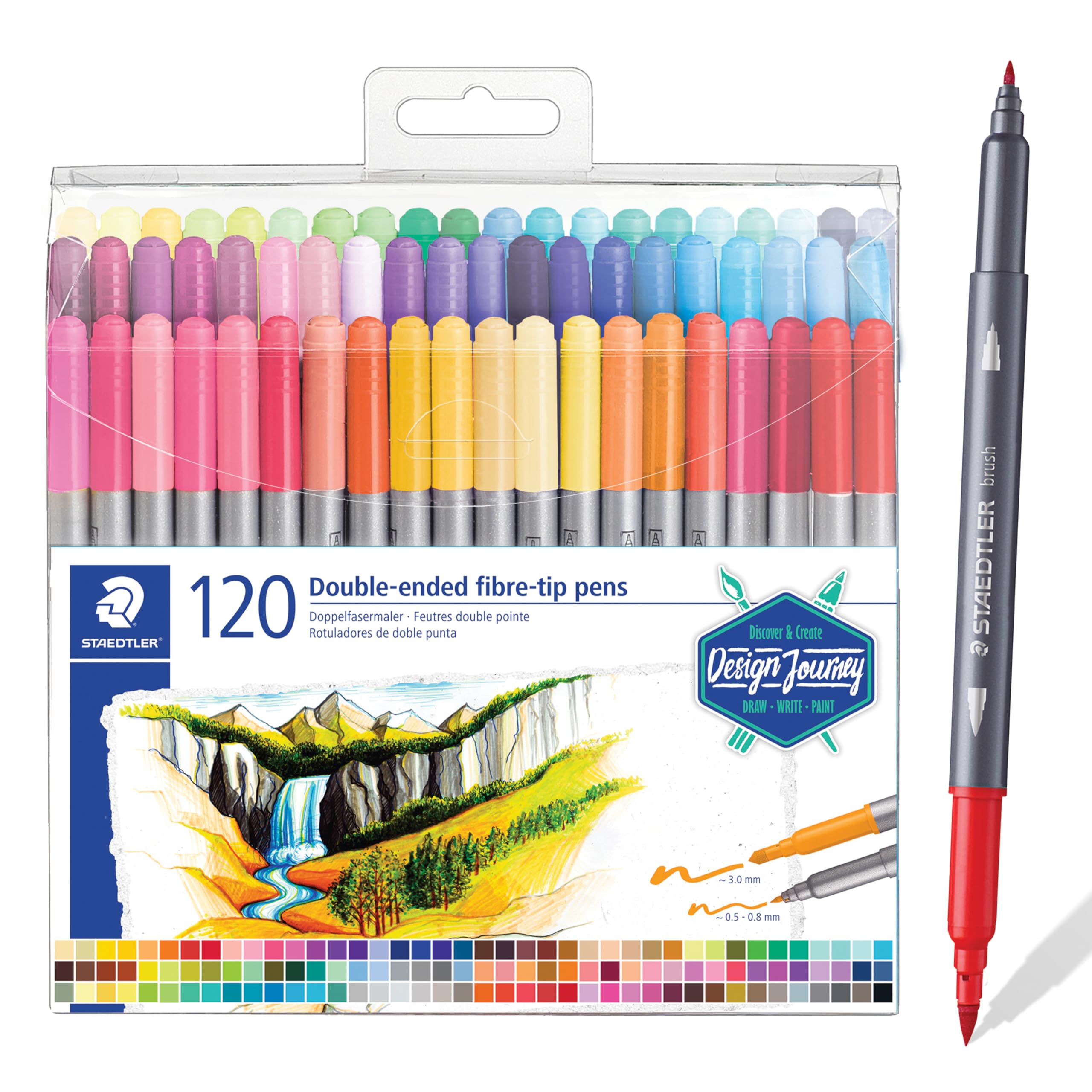 STAEDTLER 3200 TB120 Design Journey Double-Ended Fibre-Tip Pens with Thin & Wide Nibs - Assorted Colours (Pack of 120)