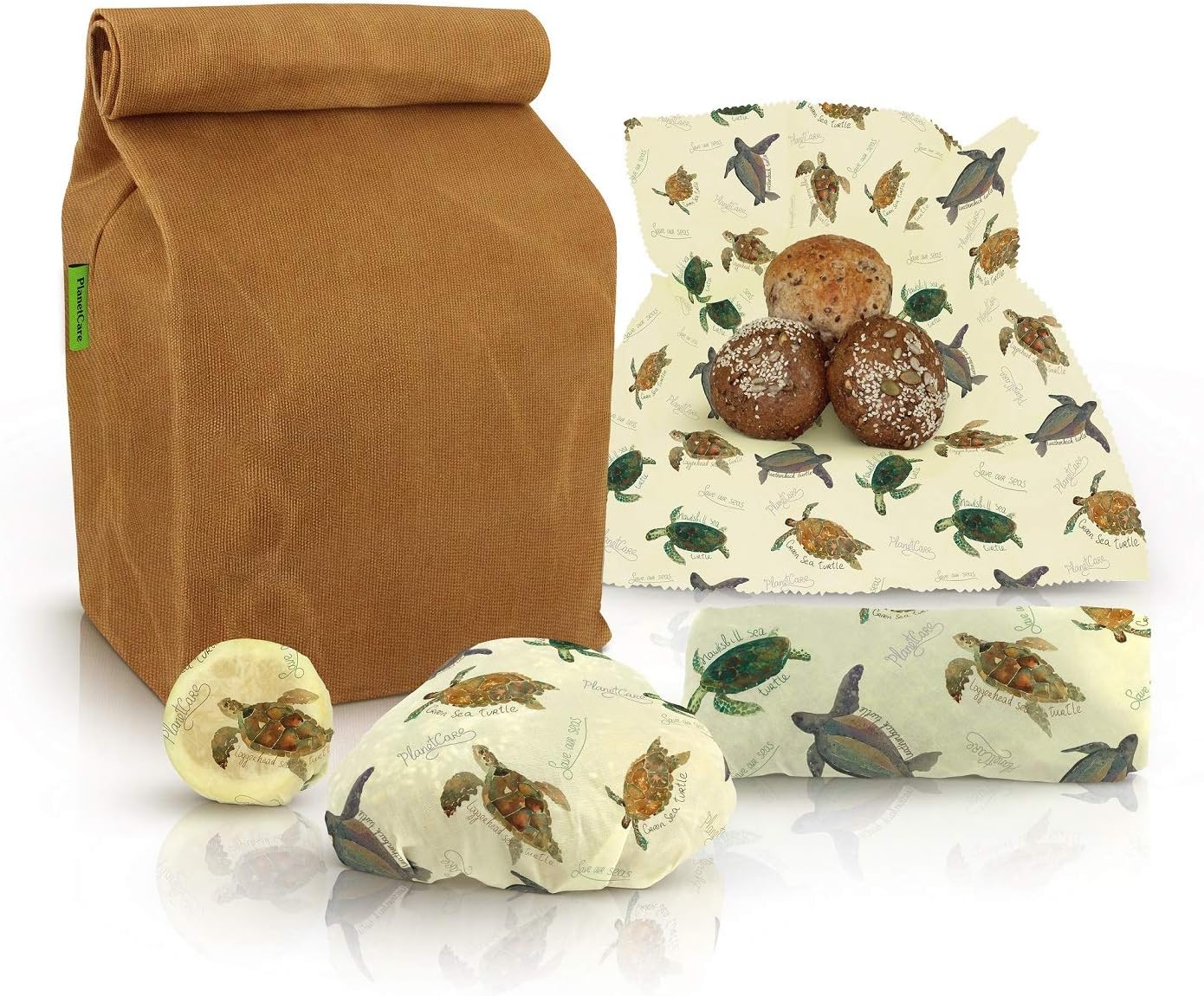 PlanetCare Premium WAXED CANVAS LUNCH BAG & BEESWAX WRAPS SeaTurtle Edition: The ultimate ECO FRIENDLY LUNCH SET! 100% Biodegradable, and plastic free: REUSABLE, SUSTAINABLE, WASHABLE & NATURAL