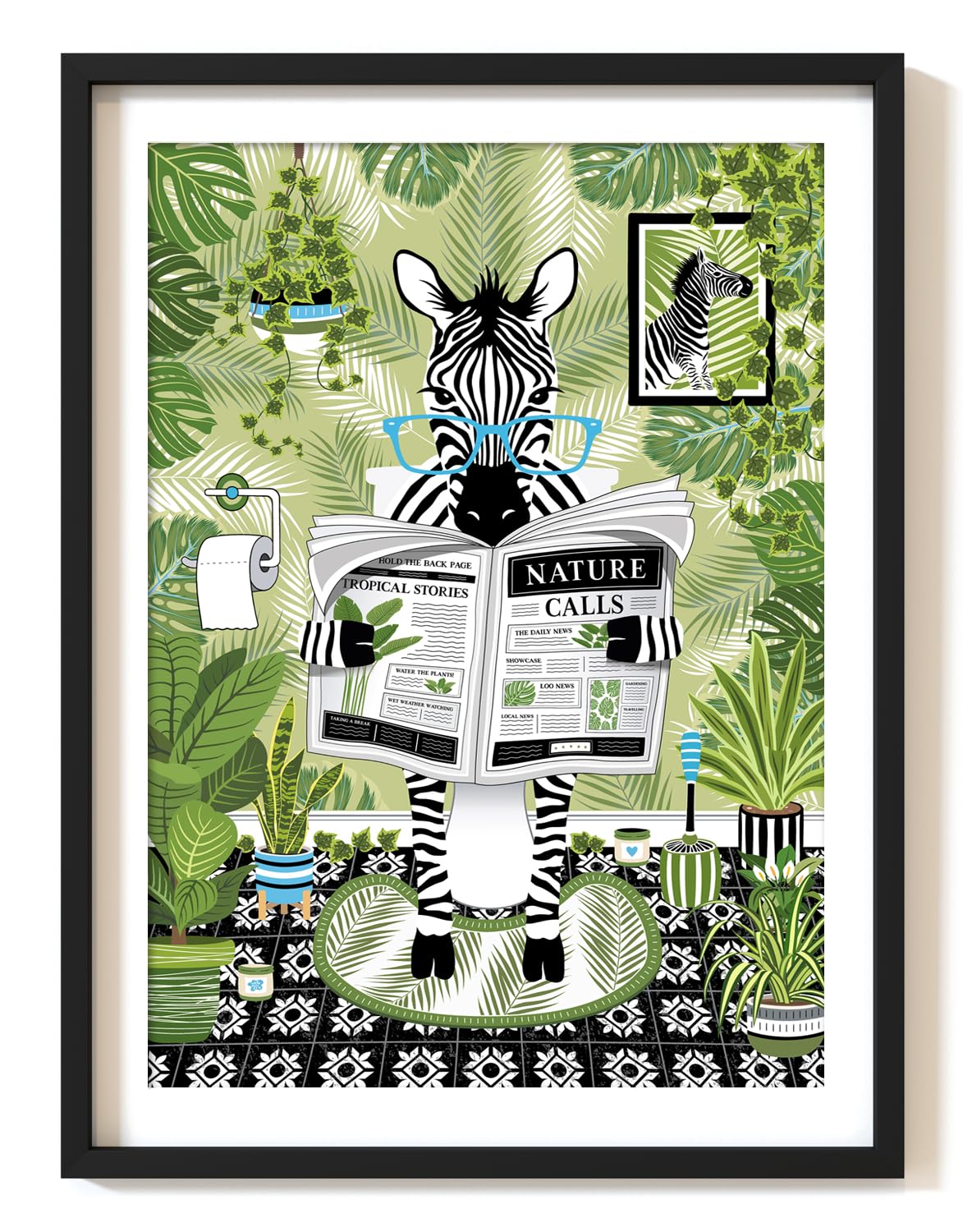 Parmaro Zebra on Toilet, A4 UNFRAMED Animal Print, Botanical Green Tropical Bathroom Decor