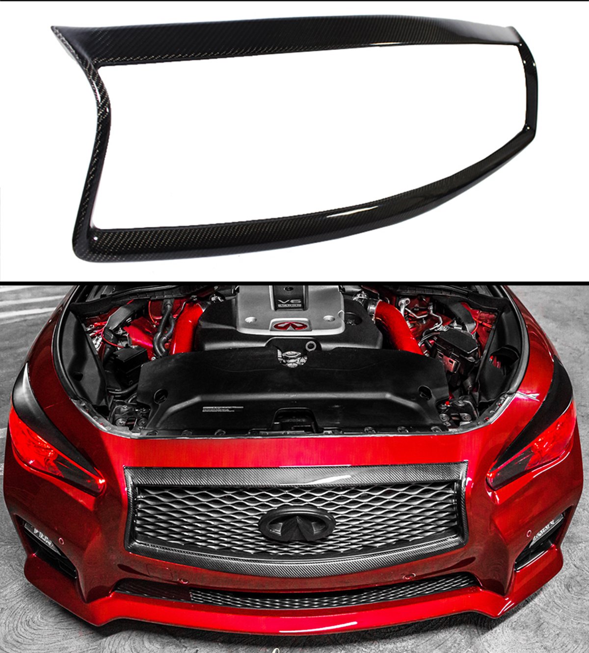 Fits for 20142017 Infiiti Q50 Carbon Fiber Front Grill Grille Outline Trim Addon Cover Overlay