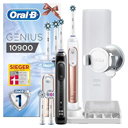 Oral-B Genius 10900 Elektrische Zahnbürste mit Zahnfleischschutz-Assistent, mit 2. Handstück und Reise-Etui, roségold und sch