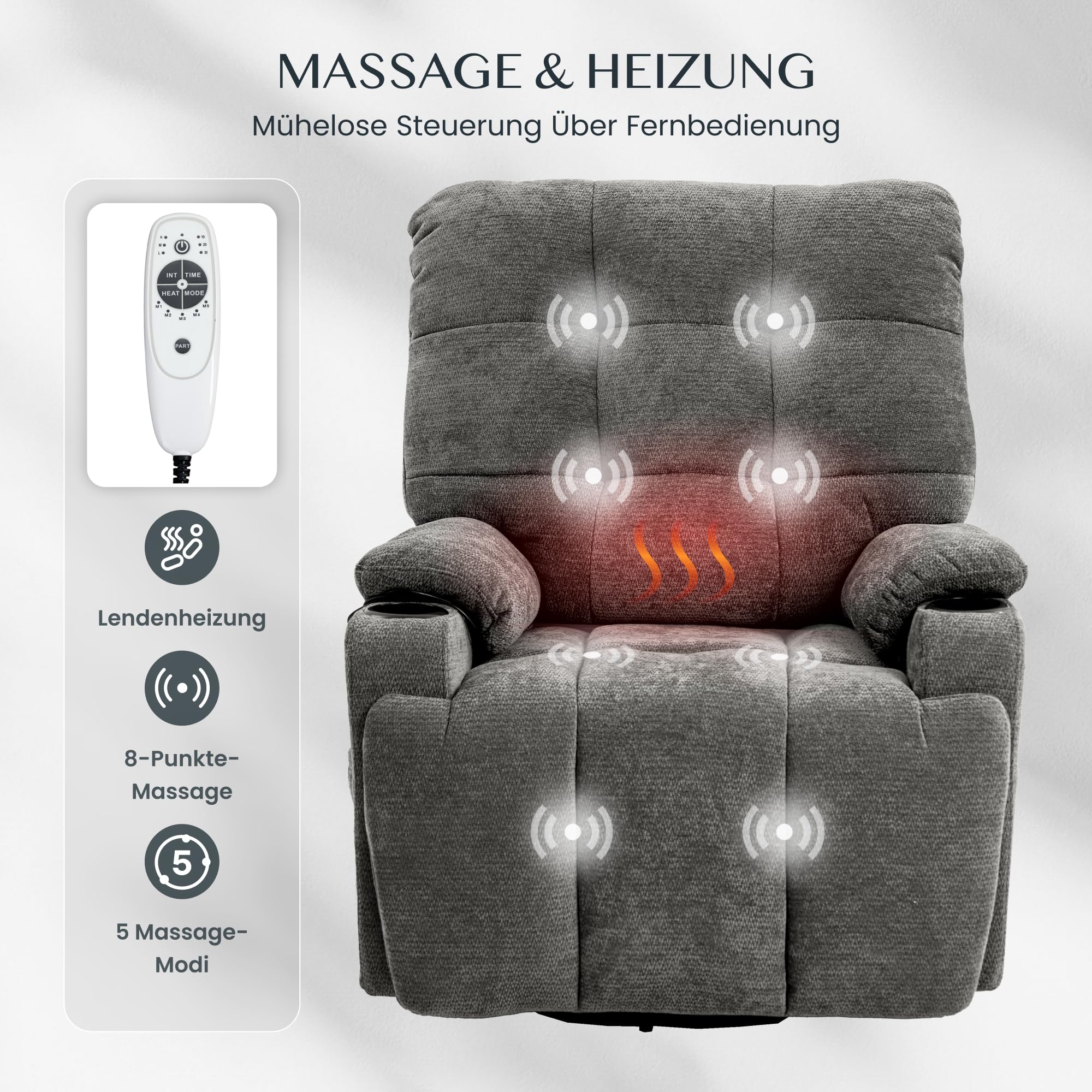 FLEXISPOT Elektrischer Relaxsessel, Massagesessel, Fernsehsessel, 360°drehbar, mit Heizfunktion, 8-Punkt-Massage, USB- und Type-C-Anschluss,105°-165° verstellbar, belastbar bis 200 kg, XR7(Grau) 3