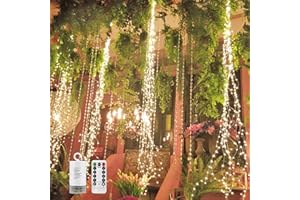 SHUKAN 220 LED Firefly Bunch Lights Battery Operated, 8 Flashing Modes Waterproof Copper Wire Waterfall Lights, Remote Controlled Timer and Hooks, Fairy Lights for Indoor Outdoor Decor (Warm White)