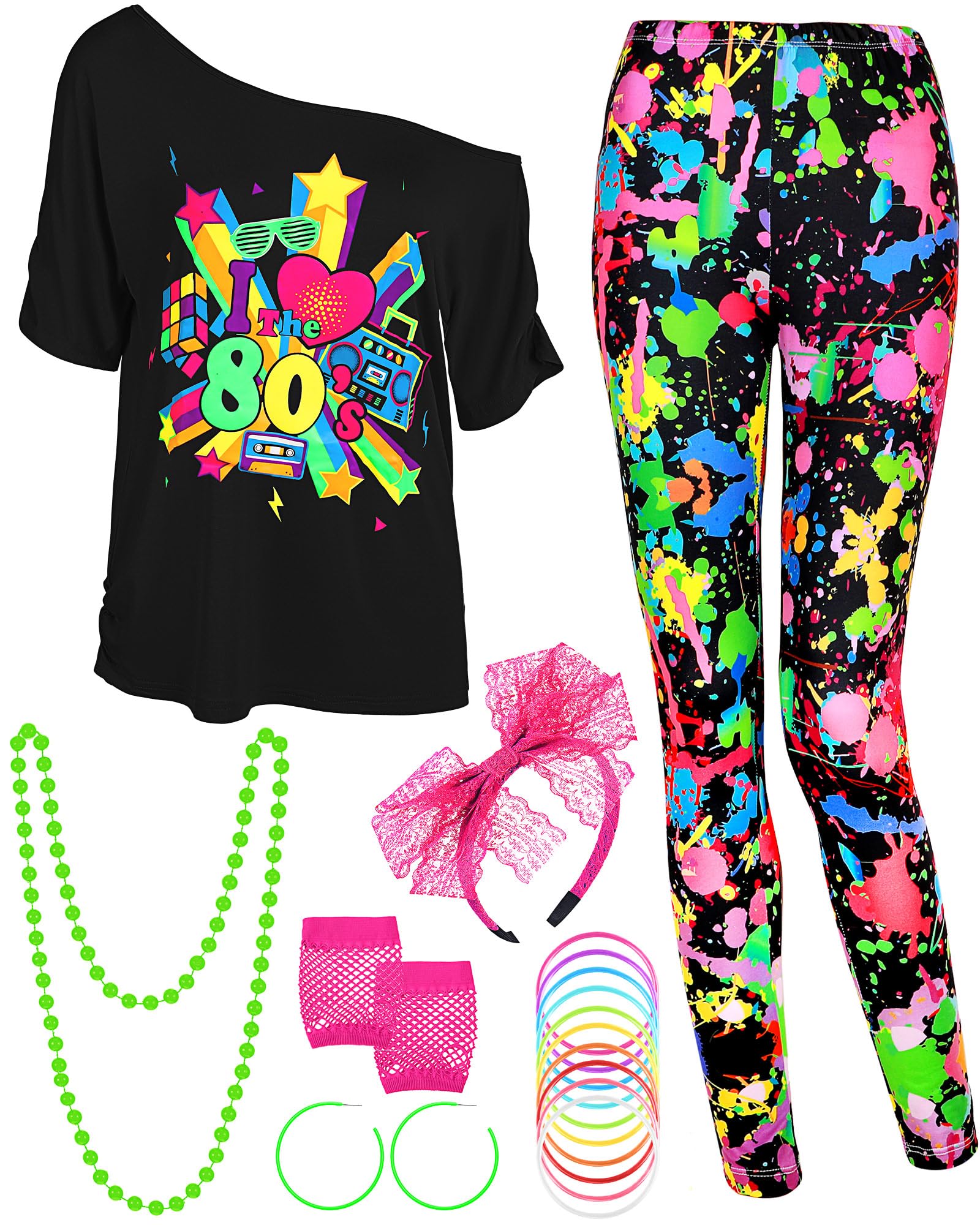 Photo 1 of Vinsatin 16 Pcs 80s Costume Outfits Accessories Women T Shirt Legging Pants Gloves Earrings Necklace Bracelets Hairband Sets(L,Magic Cube Style)