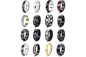 Besteel 16Pcs Stainless Steel Fidget Rings for Men Women Stress Anxiety Relief Rings Black Cool Chain Band Spinner Rings Set for Wedding Promise Mens Rings Pack