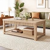 Homkdom Fluted Coffee Table, 2-Tier Storage Shelf, Oak | Square Living Room Table, Kids Friendly Rounded Corners, Open Display Shelf, Sturdy &amp; Stable