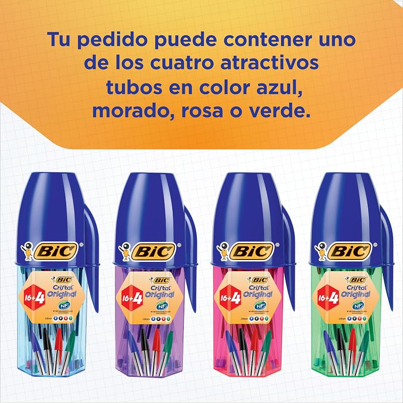 Cristal Original Bolígrafos Punta Media (1,0mm) Colores Surtidos, Material Oficina y Escolar, Tubo de 20 unidades (16+4 gratis)