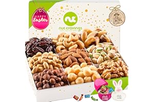 Nut Cravings Gourmet Collection - Easter Candies & Mixed Nuts Gift Basket with Happy Easter Ribbon (9 Piece Assortment) Candy Filled Egg + Bunny Stuffer, Healthy Kosher Snack Box