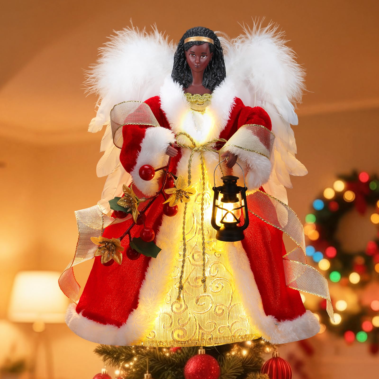 Jhua Angel Christmas Tree Topper with Lights, 32cm Angel Tree Topper with White Feather Wings, Lighted Tree Toppers Christmas Decorations Ornament for Indoor Home Holiday Decor (Red Dress)