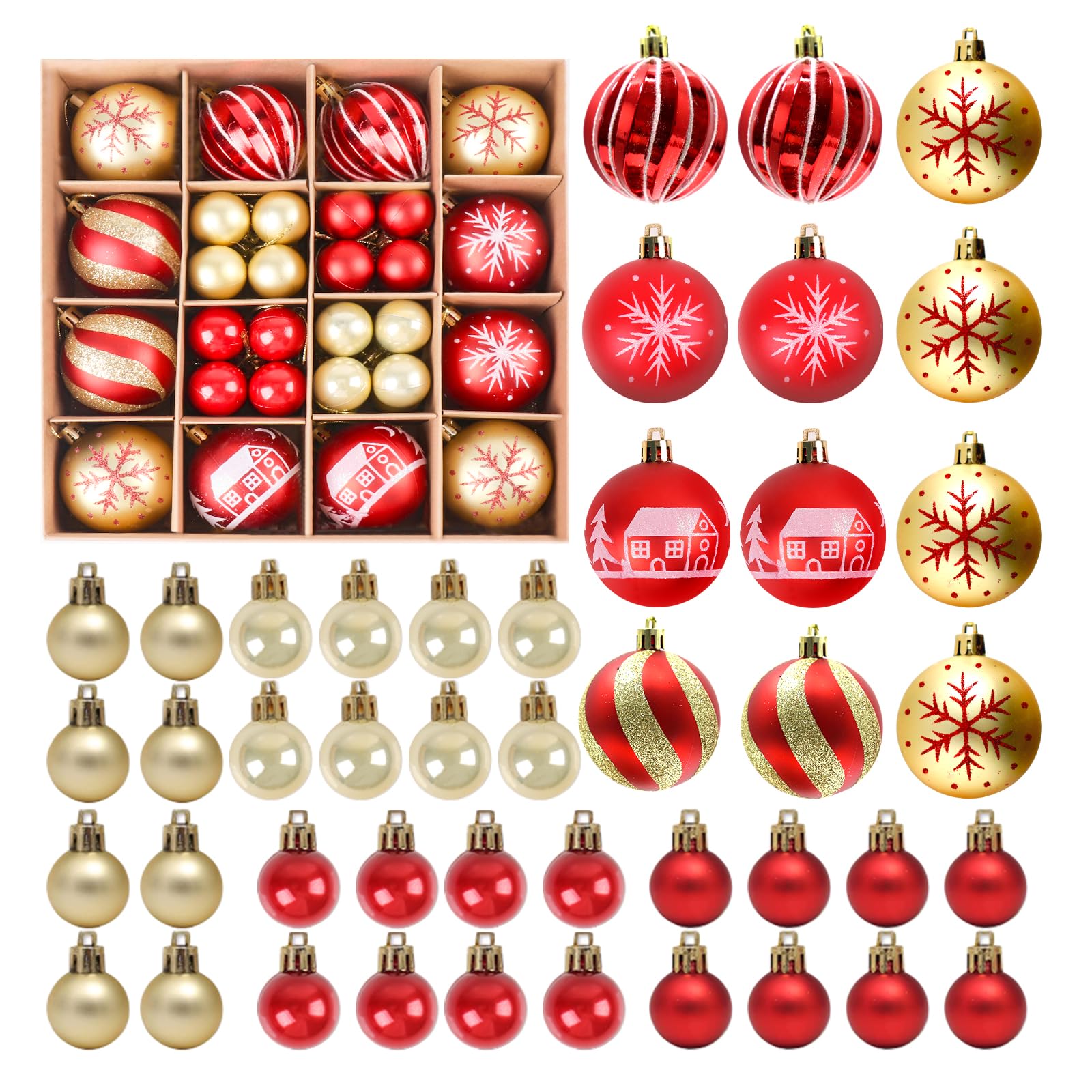 PEMOTech 44pcs Christmas Baubles, 3cm & 6cm Shatterproof Red and Gold Baubles with String for Christmas Tree Decorations Easily Creating a Strong Festical Atmosphere