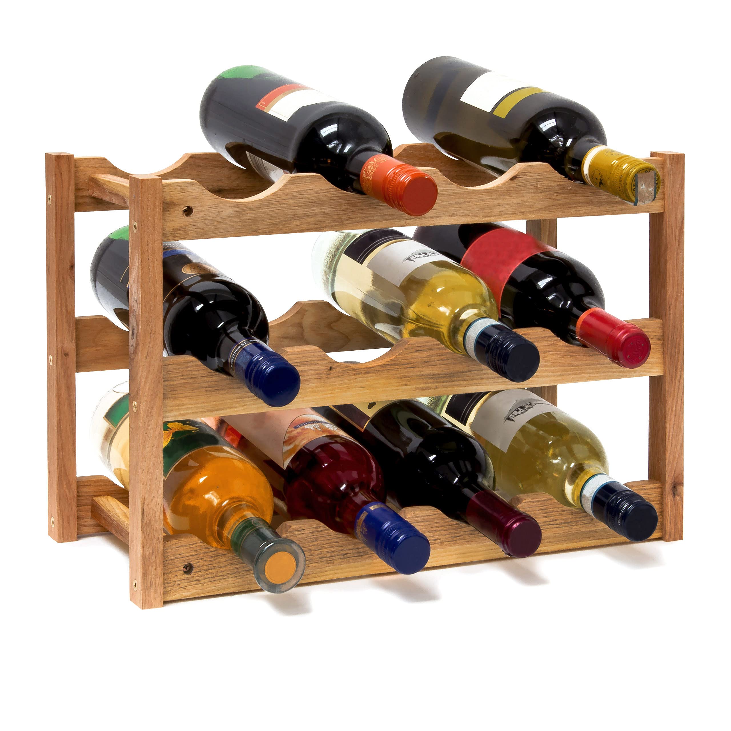 Realxdays Free-Standing Small Wine Rack: 28 x 42.5 x 21 cm Wooden Bottle Stand With Three Shelves For 12 Bottles, Small Wine Bottle Holder Made Out Of Oiled Walnut For Horizontal Storage, Natural