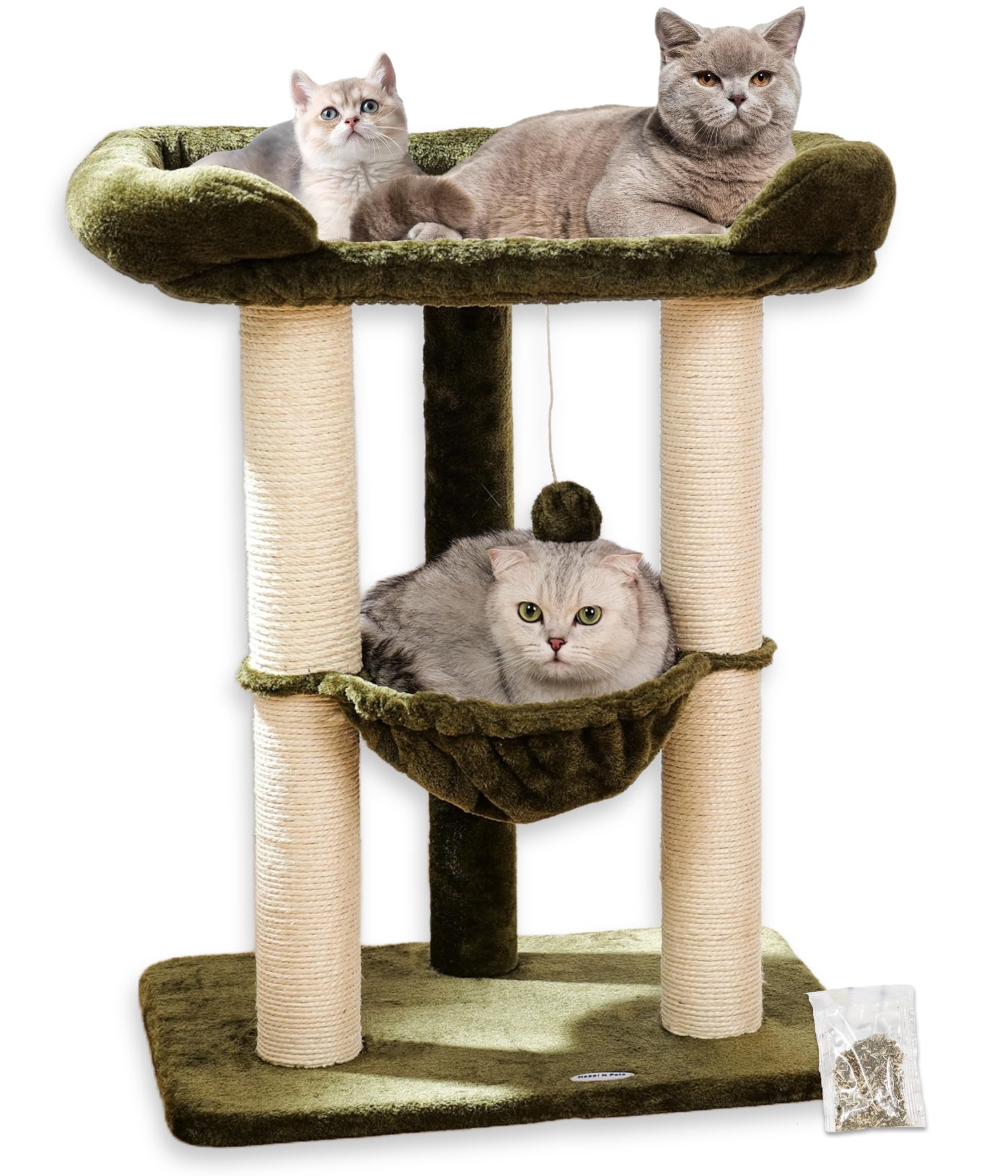 Photo 1 of Happi N Pets 28" Large Cat Tree Tower for Indoor Cats, Cat Scratch Post with Large Bed for Maine Coon Big Cats, Sisal Cat Scratcher with Soft Perch & Hammock, Stable Cat Stand, Removable Cover-Green