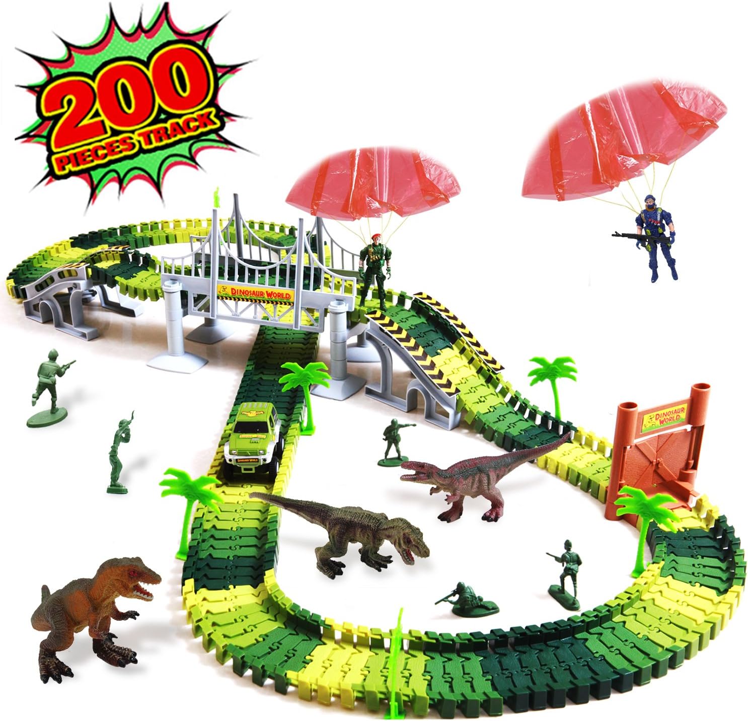 heytech Dinosaur Toys Dinosaurs World Car Vehicle Race Track Create A Road 150 Pieces Toy Car 1 Dinosaur, 1 Iron Cage … (200 Piece)