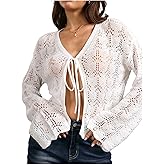 Milumia Women's Crochet Knit Bell Long Sleeve Cropped Cardigan Sweater Tie Front Crop Top