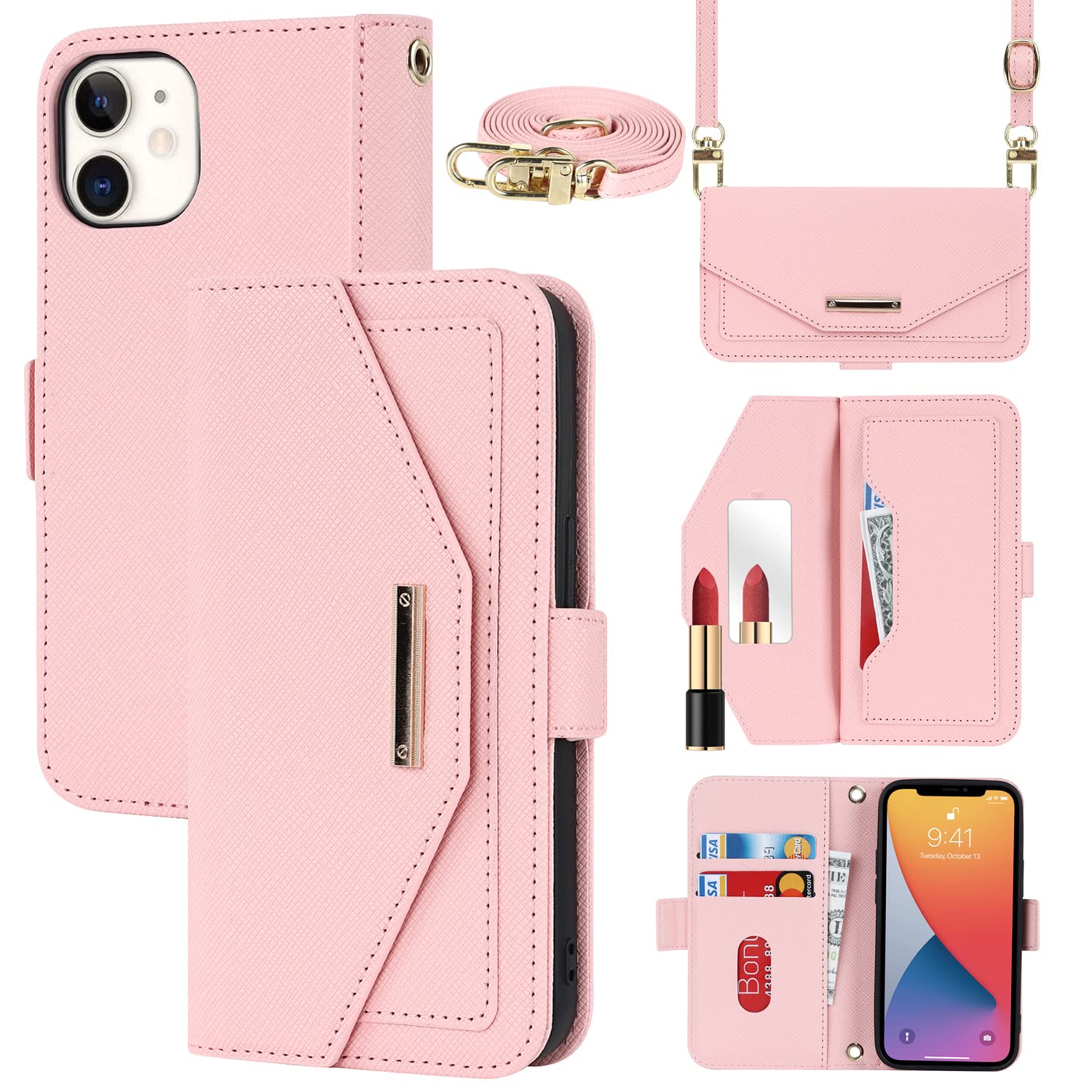 Cavor Case compatible with iPhone 12 Mini Phone Case With Strap,Crossbody Flip Leather Wallet Case,[5 Card Holder][Mirror][Magnetic],Lanyard Case Cover for women - Pink