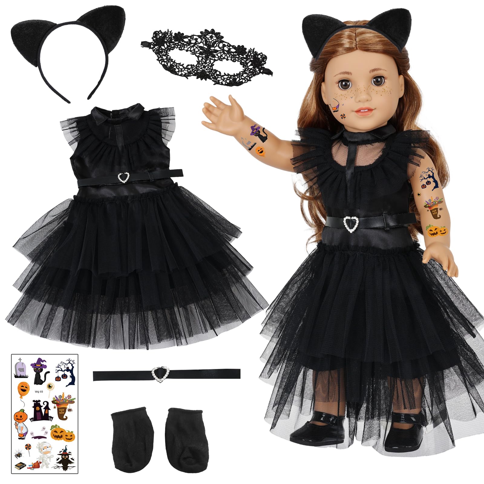 18 Inch Doll Clothes for 30-45cm Doll, Black Party Dress Costume Accessories with 1 Tulle Cake Dress 1 Belt 1 Cat Ear 1Tattoo stickers 1 Lace Mask 1 Socks Party Movie Costume for Girl Gifts